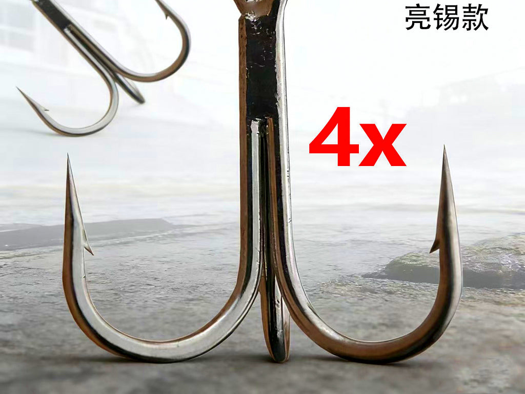 4X Strong Treble Hooks, Tin-Plated, Barbed, 10 Pack – product photo