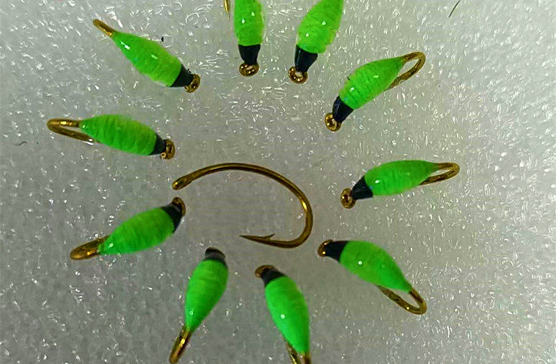 Pre-Tied Nymph Flies, Black Head Fluo Green, Sizes 12–20 – product photo