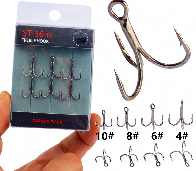 Barbed Treble Hooks for Lures, Sizes 4-10, 6-Pack – product photo