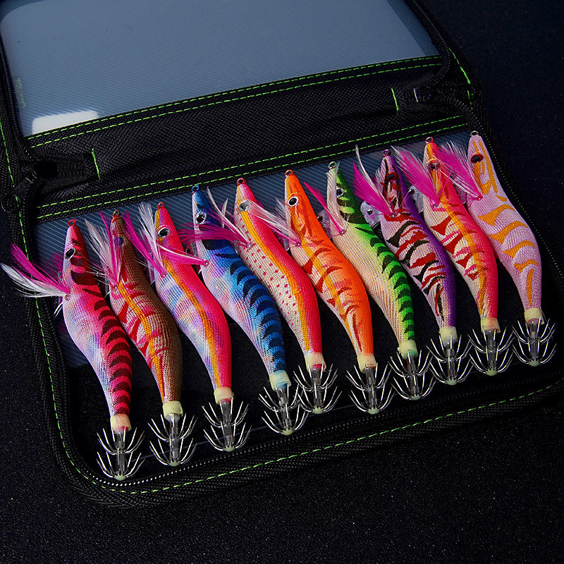 Wooden Shrimp Squid Jig Set, Glow Rattle, Sizes 2.5–3.5 – product photo
