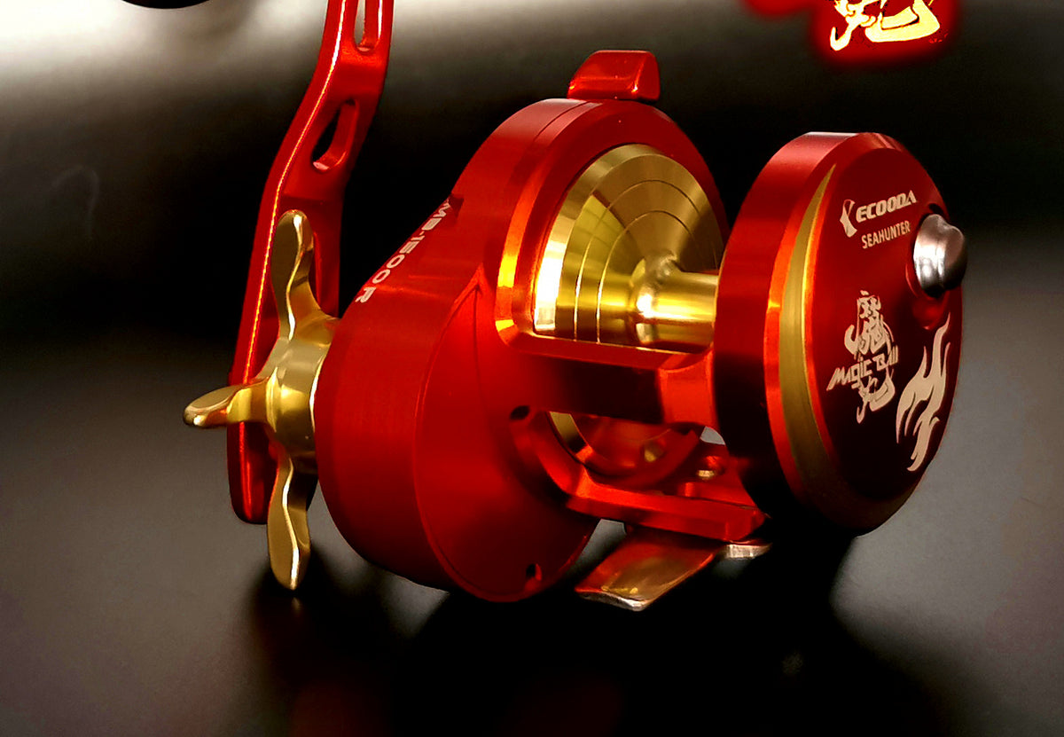 Slow Pitch Conventional Jigging Reel, Right Hand, Red Gold – product photo