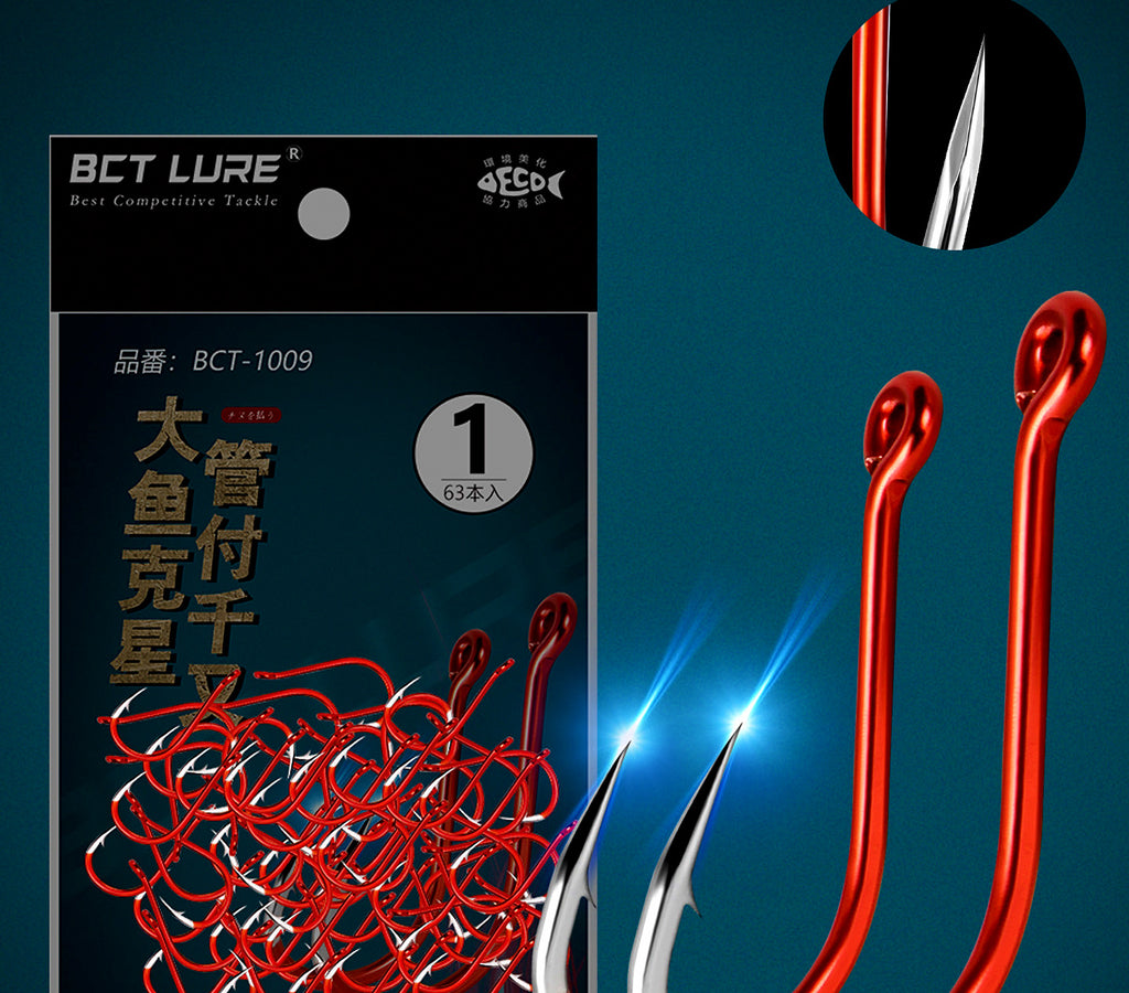 Red Barbed Offset Saltwater Hooks, Triangular Point – product photo