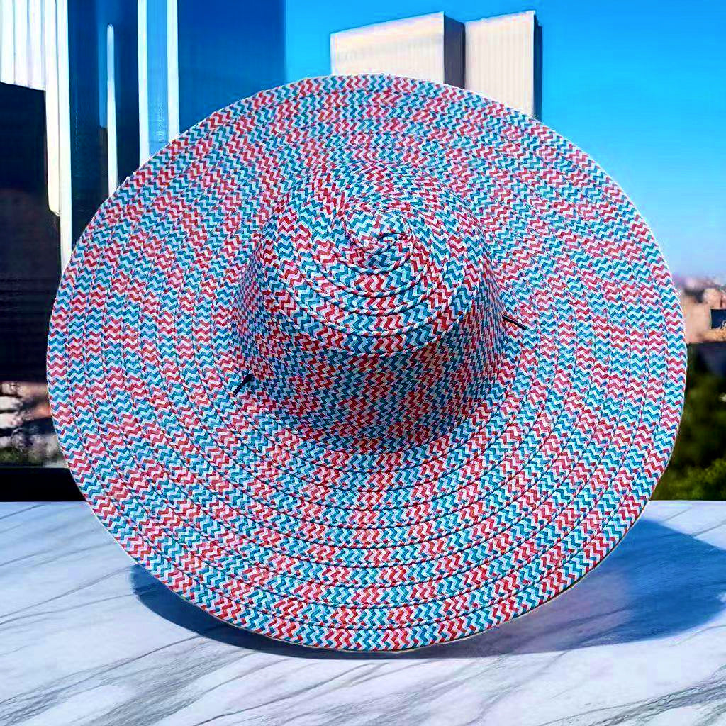 Wide Brim Sun Hat, Red/Blue Colorblock, Round Crown – product photo