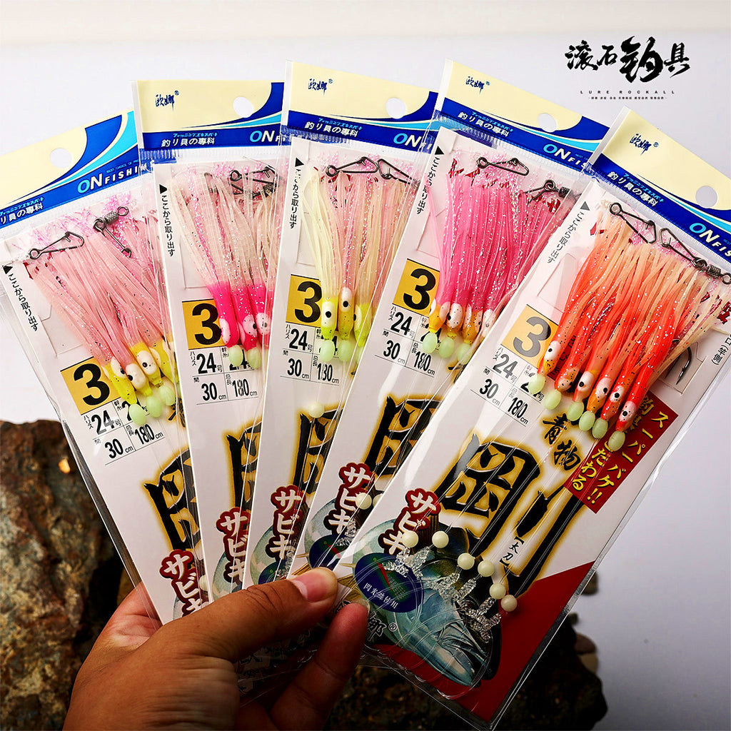 Squid Skirt String Hook Rig, Glow Colors, 6-Pack, Size 2–4 – product photo