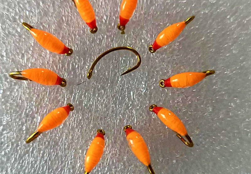 Orange Nymph Fly, Red Head, Barbed Lead Head Hook, Sizes 8–20 – product photo