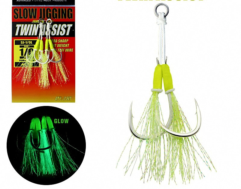 Slow Pitch Jig Double Assist Hooks, Pre-Rigged, Glow, 2-Pack – product photo