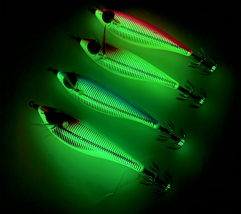 Laser Wood Shrimp Squid Jig, Glow Finish, Assorted Colors – product photo
