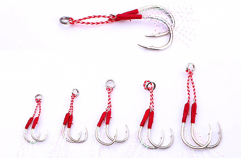 Feathered Double Hooks, Barbed, Carbon Steel, Sizes 10–20 – product photo