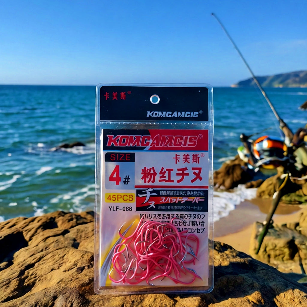 Pink Barbed Fishing Hooks, Sizes 1–6, 40–45 Pack – product photo