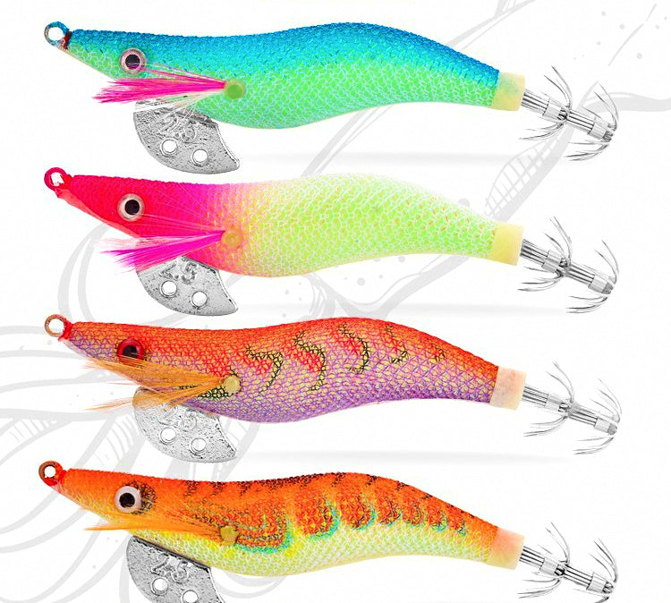 Wood Shrimp Squid Jig, Glow, Double Rattle, Sizes 2.5–4.0 – product photo