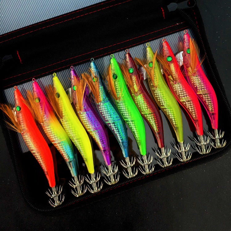 Glow Wood Shrimp Squid Jig Set, 10 Colors, Rattle Bead – product photo