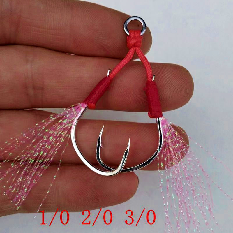 Pink Feathered Double Assist Hooks for Jigs, Barbed, 1/0-4/0 – product photo