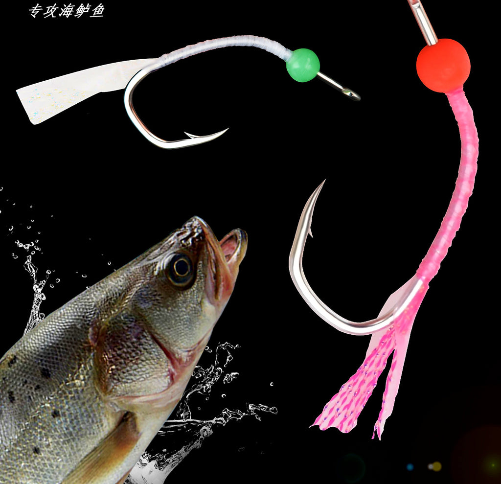 Sea Bass Fish Skin Hooks, UV & Glow Colors, 8-Pack – product photo