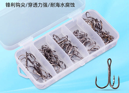 Barbed Treble Hooks, Black Nickel, 50-Pack Assorted Sizes – product photo