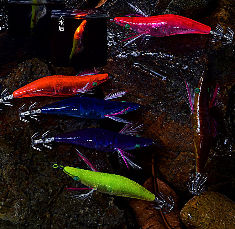 LED Wooden Shrimp Squid Jig, 12 g (0.42 oz), 10.3 cm – product photo