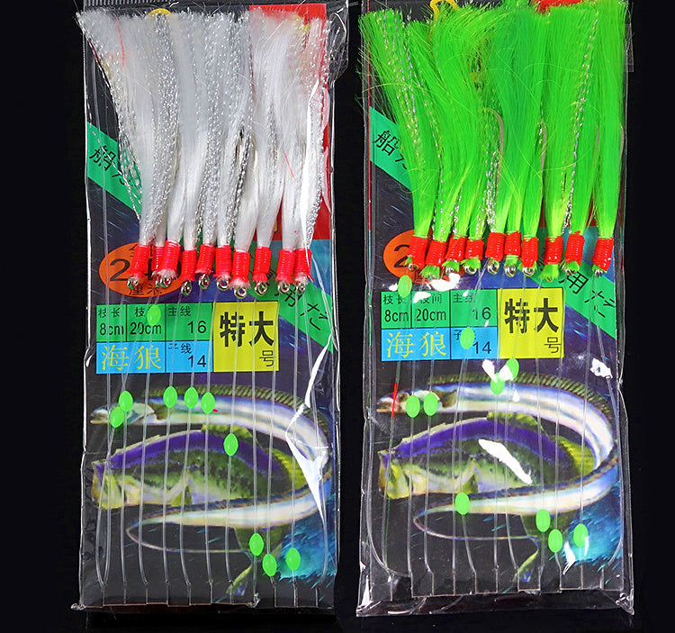 Fish Skin Bait Rig, 10 Barbed Hooks, White or Green – product photo