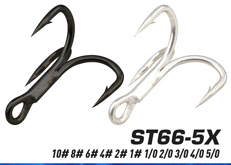 Barbed Treble Hooks, Size 6 to 5/0, Black Nickel or Satin Tin – product photo