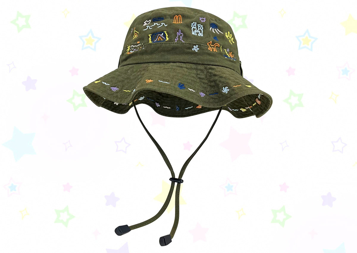 Embroidered Wide Brim Bucket Hat, Sun Protection, M (56-58 cm) – product photo