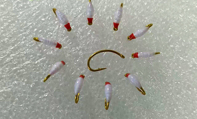 Red Head Nymph Fly, Fluorescent White, Barbed, Sizes 10–20 – product photo