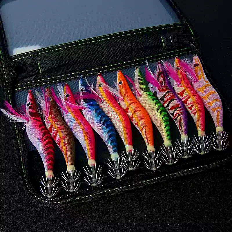 Wooden Shrimp Squid Jig Set, Glow Rattle Egi, 10 Pack