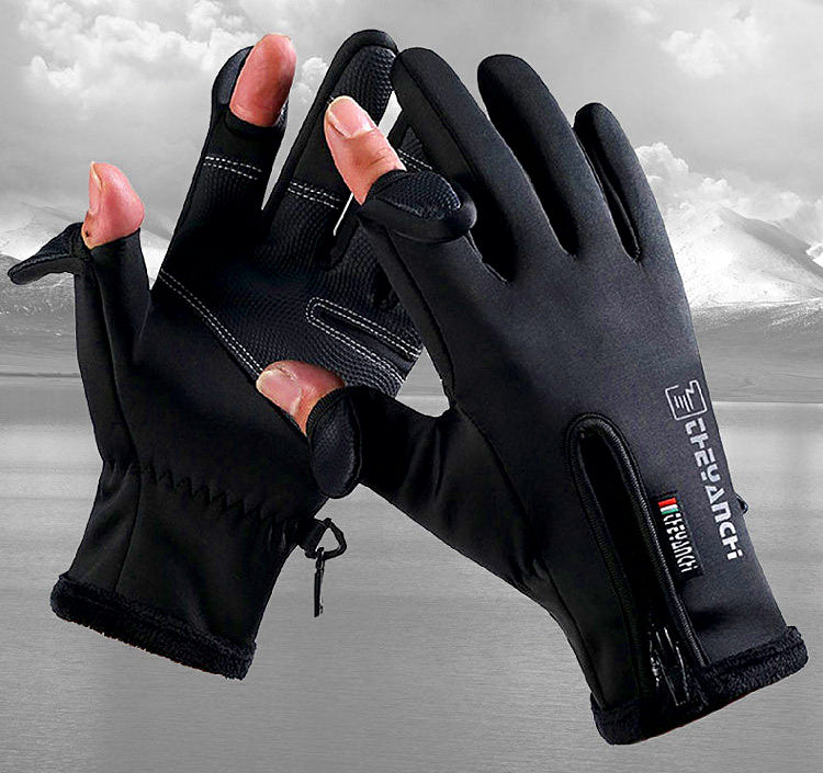Waterproof Fleece-Lined Fishing Gloves, 2 Fingers Exposed – product photo