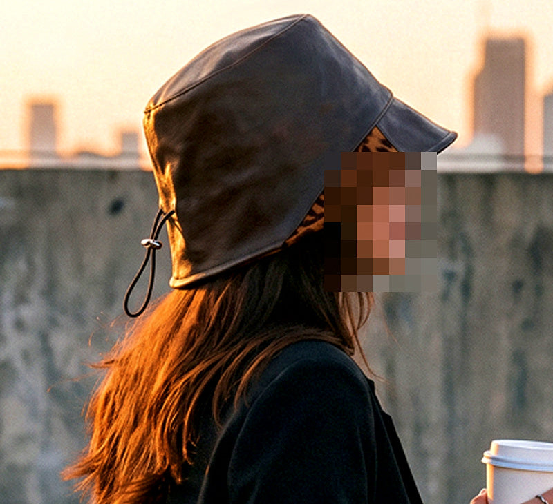 Leopard Print Bucket Hat, Leather Panel, Adjustable, Foldable – product photo