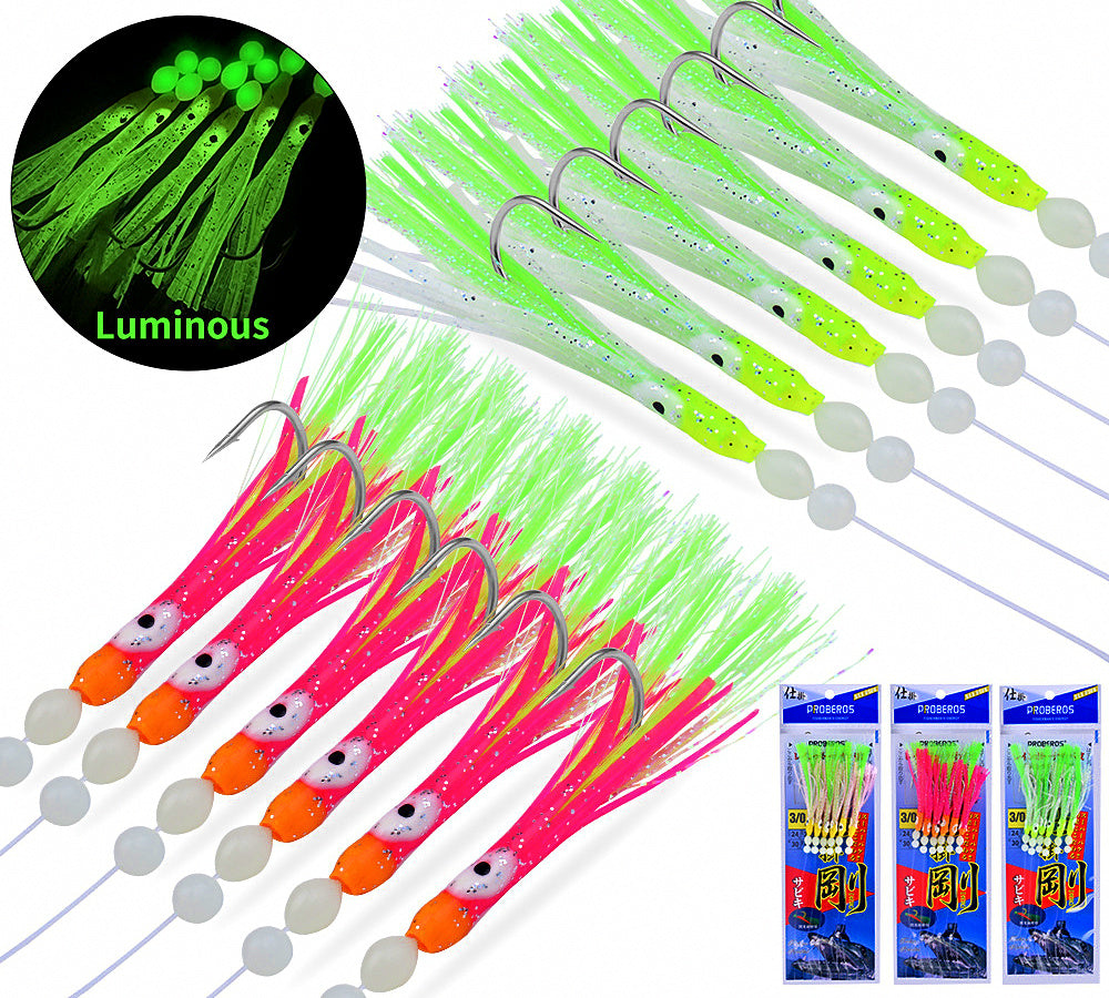 Glow Squid Skirt Rig, Silver Hooks, 6-Hook Pack – product photo