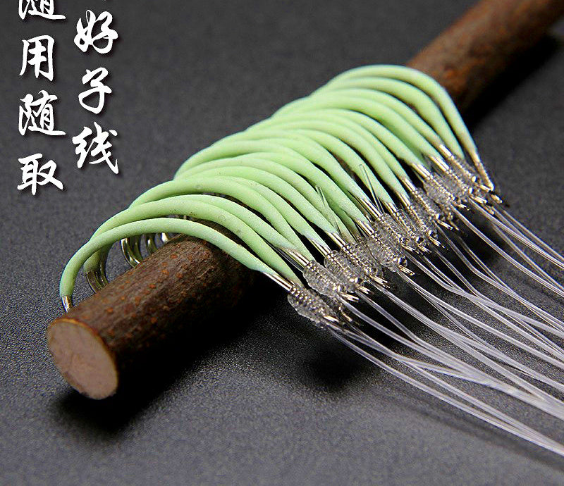 Pre-Tied Glow Offset Barbed Hooks on Line, Sizes 12–30 – product photo