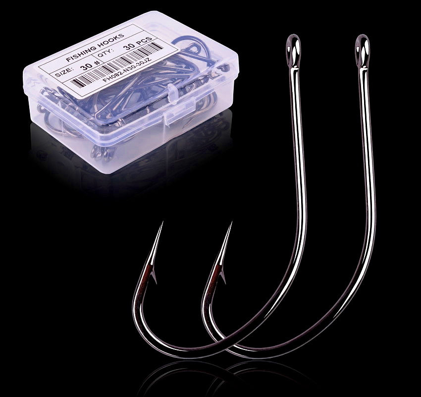 Barbed Ring Eye Offset Fishing Hooks, Bulk Box, Sizes 2–30 – product photo