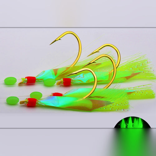 Glow Fish-Skin Sabiki Rig, 4 Barbed Hooks, Sizes 18–24