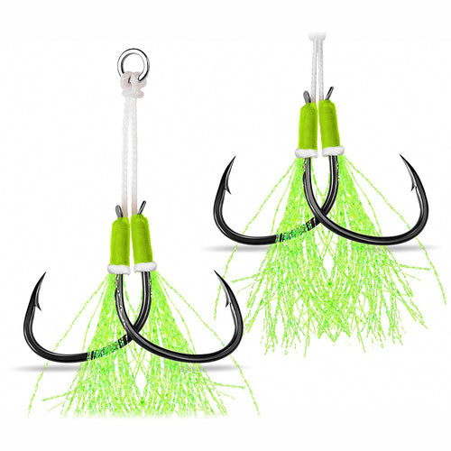 Feathered Jig Assist Hooks, Barbed, Sizes 1/0–4/0, Short & Long