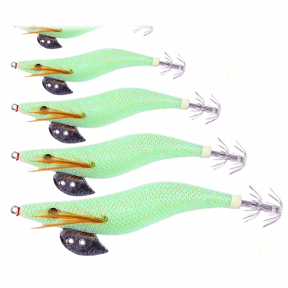 Glow White Wood Shrimp Squid Jig, Sizes 2.0–4.0