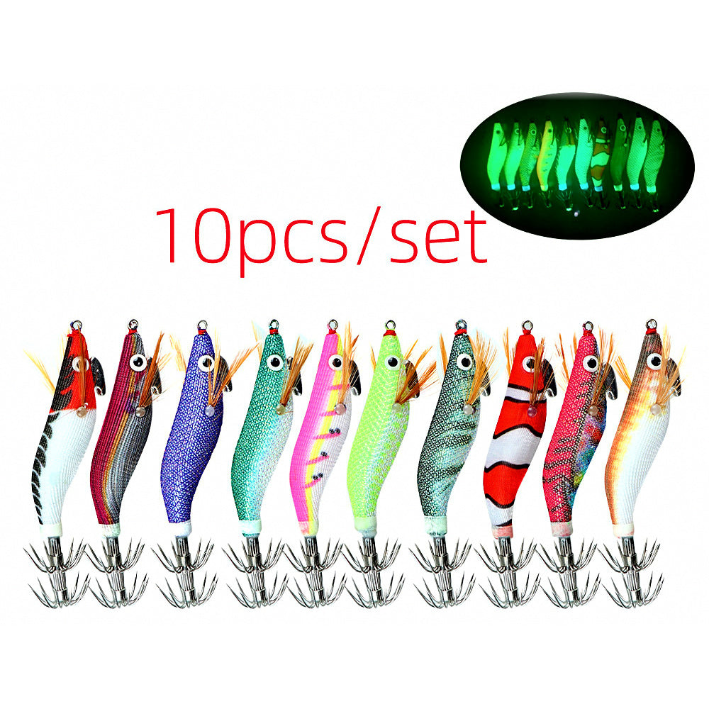Glow Mini Wood Shrimp Squid Jig, 10-Pack, 1.5/1.8/2.2 Size