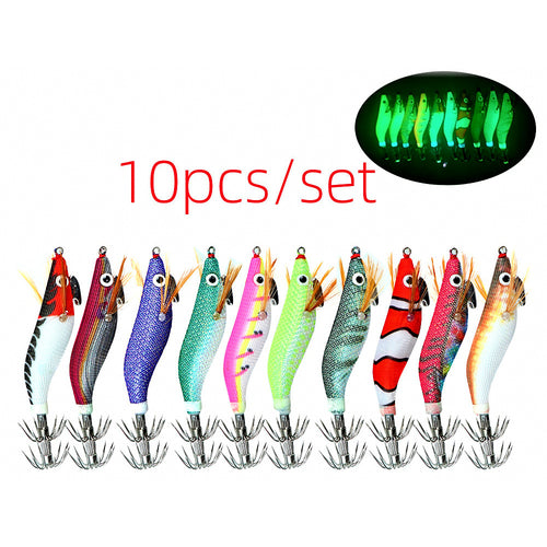 Glow Mini Wood Shrimp Squid Jig, 10-Pack, 1.5/1.8/2.2 Size