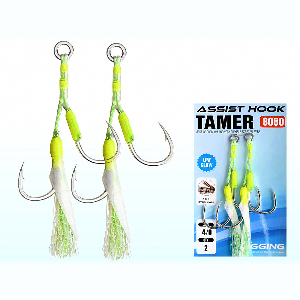Fish Skin Jig Double Hook, UV Glow Green, 1/0–4/0