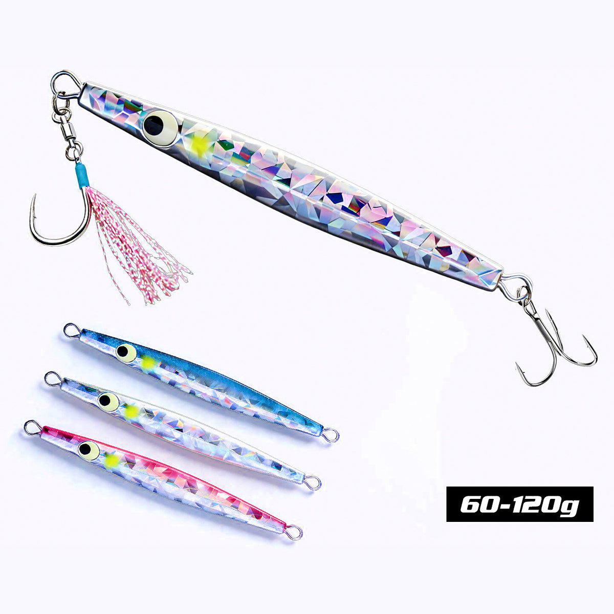 Metal Jig with Hooks, 60–100 g (2.1–3.5 oz), Flake Finish