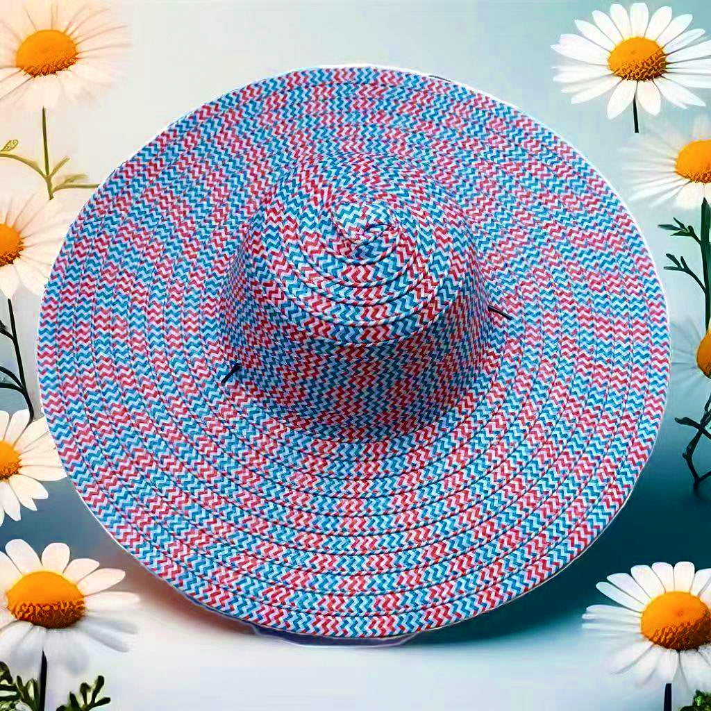 Wide Brim Sun Hat, Red/Blue Colorblock, Round Crown – product photo