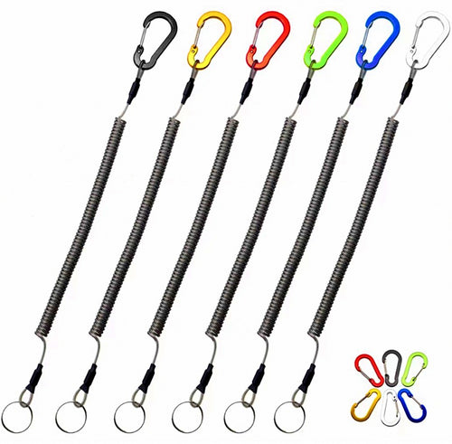 Coiled Fishing Pliers Lanyard with Carabiner, Steel Wire Core