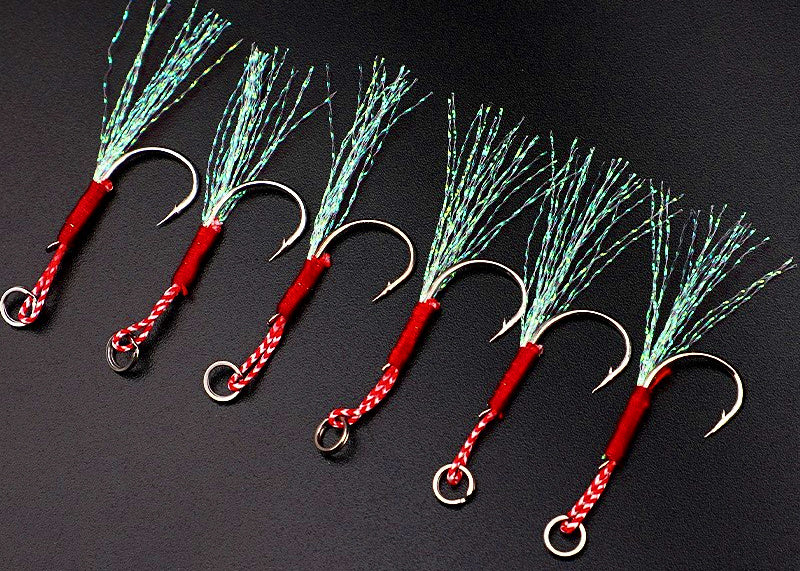 Feathered Single Hook for Slow Pitch Jigs, Silver or Black – product photo