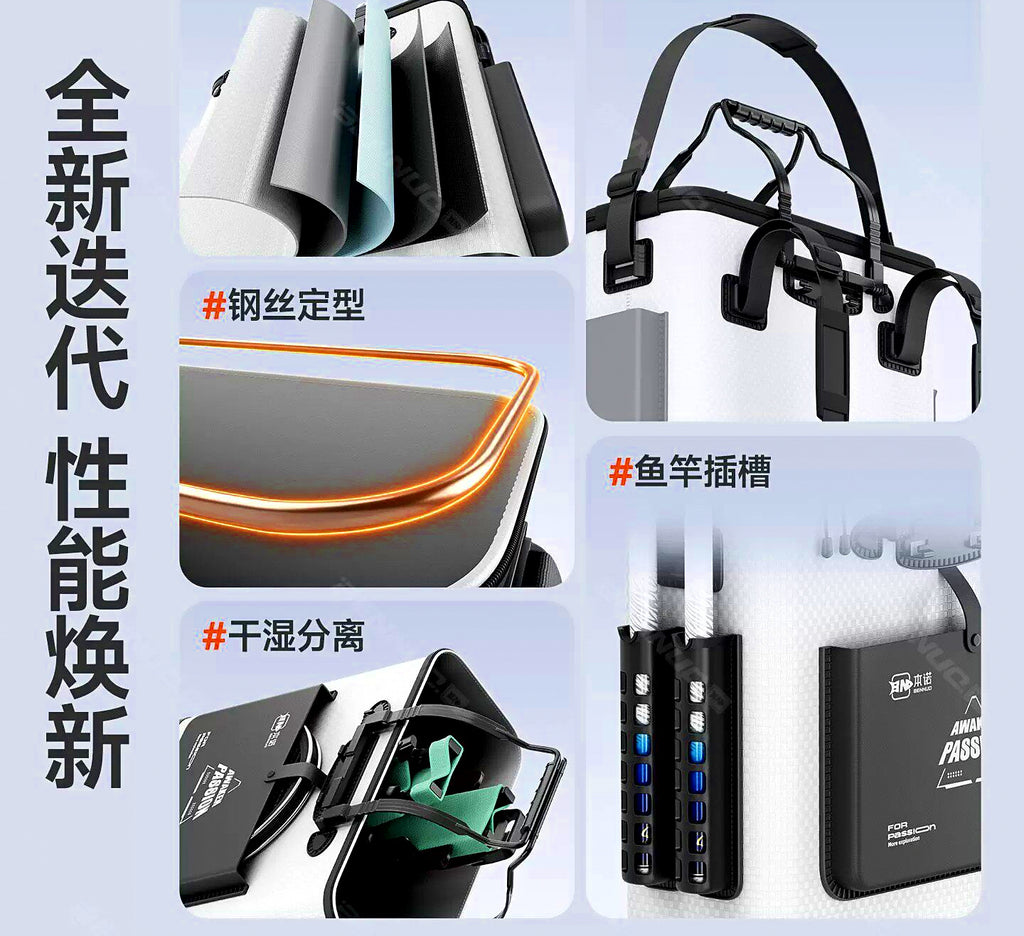 Fishing Bucket Bag with Rod Holder Options, Carbon Pattern – product photo
