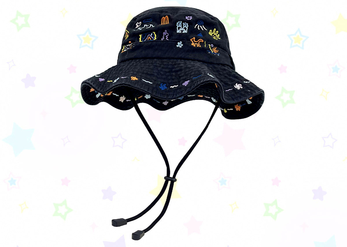 Embroidered Wide Brim Bucket Hat, Sun Protection, M (56-58 cm) – product photo