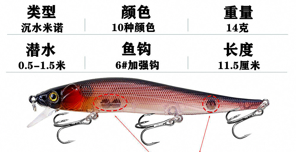 Sinking Minnow Hard Bait with Rattle, 11.5 cm / 14 g (0.5 oz) – product photo