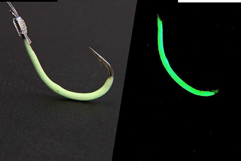 Pre-Tied Glow Offset Barbed Hooks on Line, Sizes 12–30 – product photo