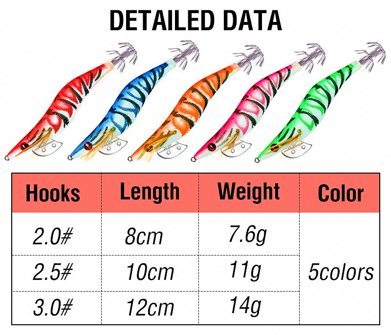 Glow Wood Shrimp Squid Jig, Sizes 2.0 / 2.5 / 3.0 – product photo