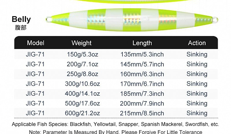 UV Glow Slow Pitch Jig, 150–600 g (5.3–21 oz) – product photo