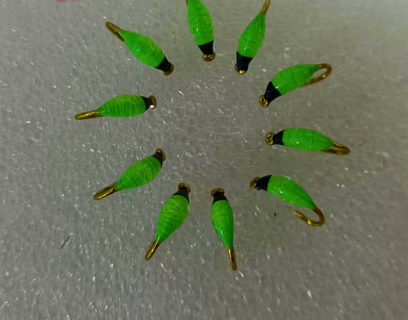 Pre-Tied Nymph Flies, Black Head Fluo Green, Sizes 12–20 – product photo
