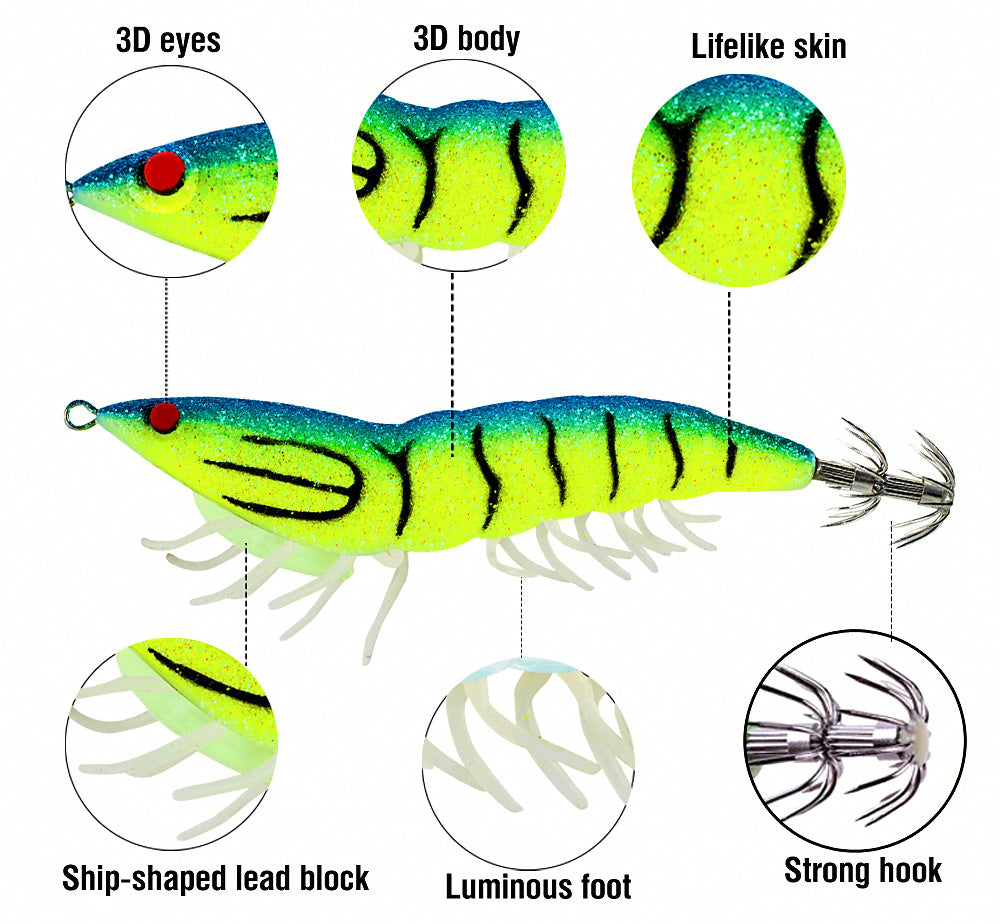 Glow Wooden Shrimp Squid Jig, 3.5#, 22 g (0.8 oz), 12 cm – product photo