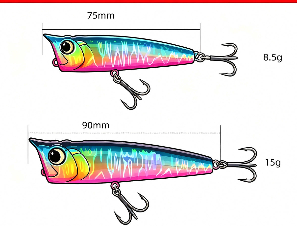 Topwater Popper Lure, 77 mm (3 in), 8.5–16 g (0.3–0.56 oz) – product photo