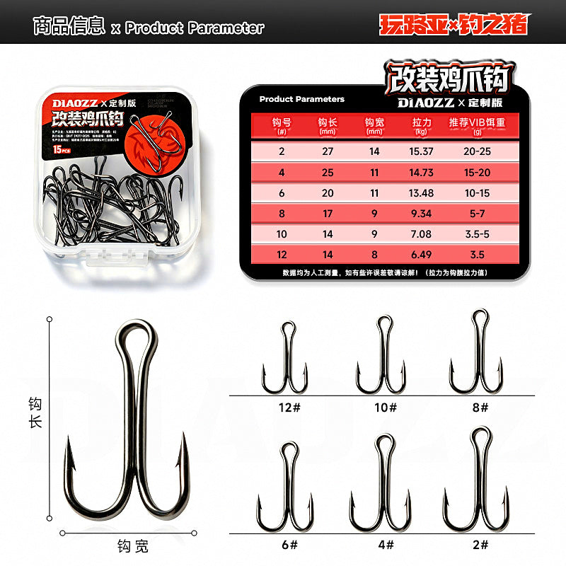 High Carbon Steel Treble Hooks, Sizes 2–12, 15-Pack – product photo