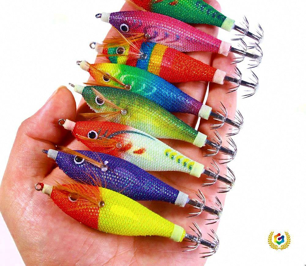 Glow Wooden Shrimp Squid Jig, Round Belly, Horizontal Style – product photo